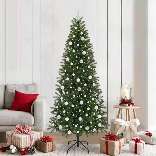 Umjetno božićno drvce Zelena 210 cm PE i PVC - 210 cm s LED-icama i bijelim kuglicama Cijena