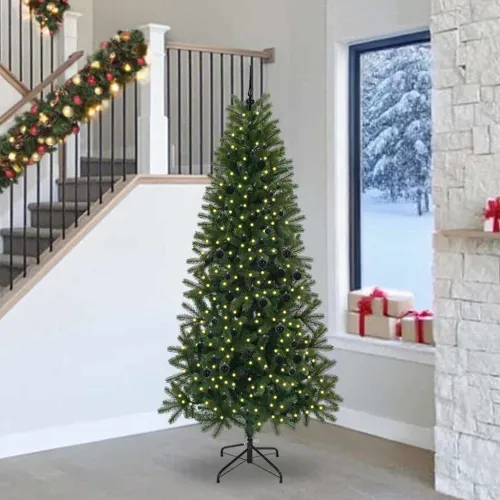 Umjetno božićno drvce Zelena 240 cm PE i PVC - 240 cm s LED-ima i crnim kuglicama Cijena