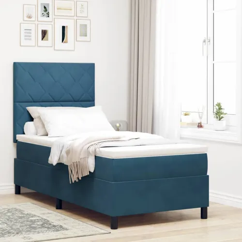 LED Box Spring Krevet Tamno plava 90 x 190 cm Baršun - Tamno plava 90 x 190 cm Dizajn s rombovima Cijena