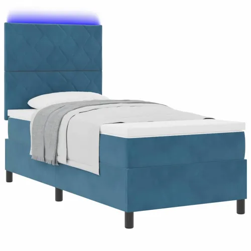 LED Box Spring Krevet Tamno plava 90 x 200 cm Baršun - Tamno plava 90 x 200 cm Dizajn s rombovima Cijena
