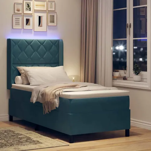 Box spring krevet s LED trakama Plava 90 x 200 cm Baršun - Tamno plava 90 x 200 cm Dizajn s rombovima Cijena