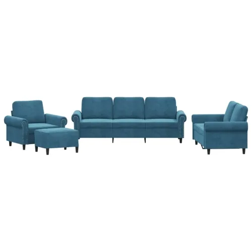 4-dijelni set sofa s jastucima plavi baršunasti - Plava S osloncem za noge Cijena