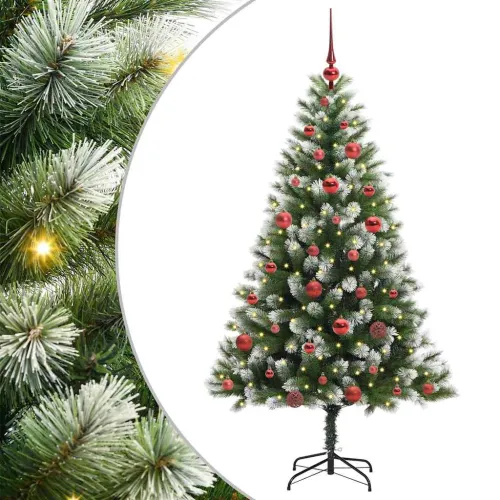 Umjetno Božićno drvce s pokrivačem snijega 150 LED lampica - 150 cm s LED-ima i crvenim kuglicama Cijena