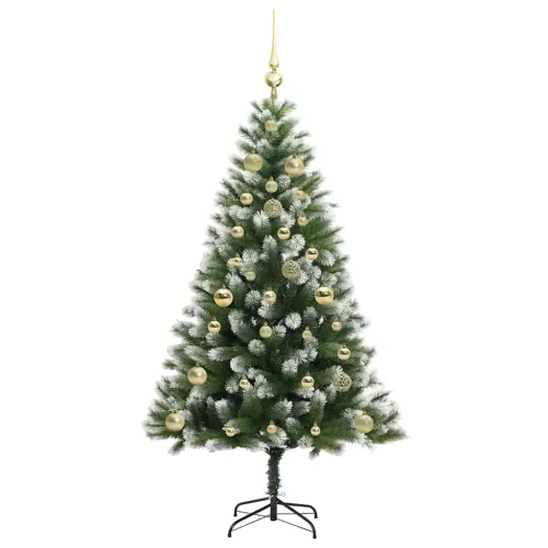Umjetno Božićno drvce s pokrivačem snijega 150 LED lampica - 150 cm s LED-icama i zlatnim kuglicama Cijena