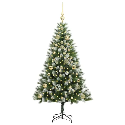 Umjetno Božićno drvce s pokrivačem snijega 150 LED lampica - 150 cm s LED-icama i zlatnim kuglicama Cijena