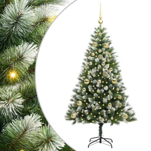 Umjetno Božićno drvce s pokrivačem snijega 150 LED lampica - 150 cm s LED-icama i zlatnim kuglicama Cijena