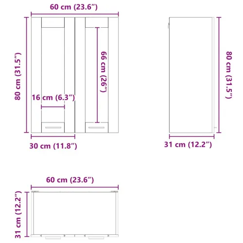 Viseći ormarić Siva Sonoma 60 x 31 x 80 cm Konstruirano drvo - Sivi Sonoma 1x viseći stakleni ormar (2 vrata) 60 cm širok 80 cm  Cijena
