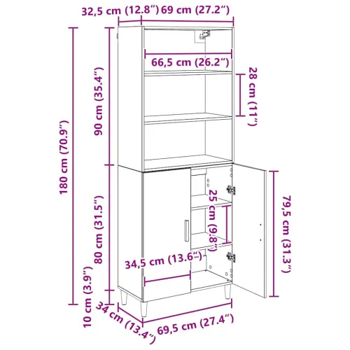 Kuhinjski ormarić Crni hrast 69,5 x 32,5 x 180 cm Konstruirano drvo - Crni hrast 2 vrata Cijena
