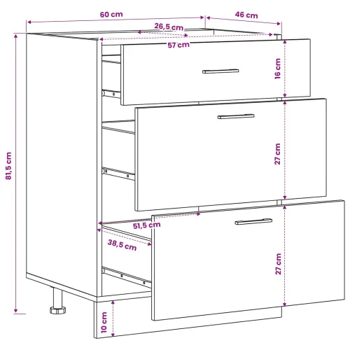Kuhinjska baza ormarića Crni hrast 60 x 46 x 81,5 cm - Crni hrast 1 x donji ormarić (3 ladice) 60 cm Cijena