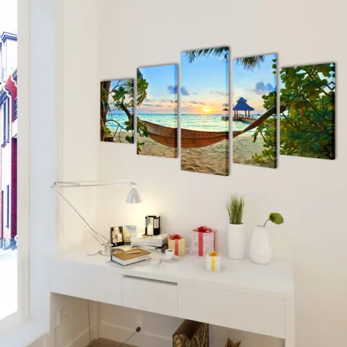 Zidne Slike na Platnu s Printom Plaže i Viseće Mreže 100 x 50 cm - 100 x 50 cm 1 Pješčana plaža s hamakom 100 x 50 cm Cijena