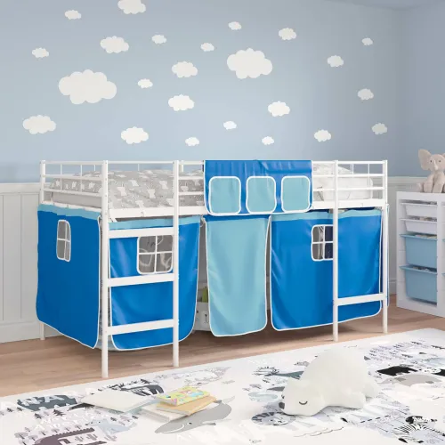 Krevet na kat za djecu s zavjesama Bijela i Plava 100 x 200 cm - Bijela i plava 100 x 200 cm Cijena
