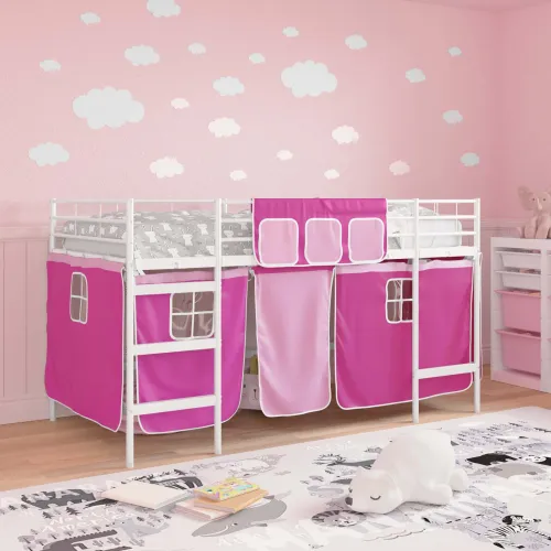 Krevet na kat za djecu s zavjesama Bijela i roza 107 x 203 cm - Bijela i ružičasta 107 x 203 cm Cijena