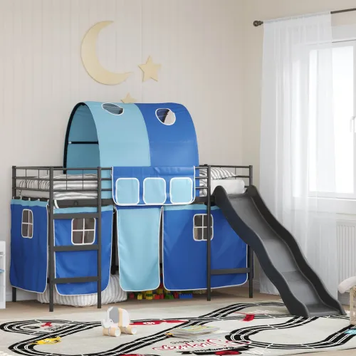 Krevet na kat za djecu s zavjesama Crna i Plava 90 x 190 cm - Crna i plava 90 x 190 cm Cijena