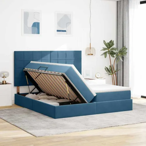 Krevet s od storage s pohranom Tamno plava 180 x 200 cm Baršun - Tamno plava 180 x 200 cm Blok sa kvadratićima Cijena