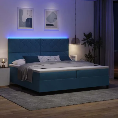 LED Box Spring Krevet Tamno plava 200 x 200 cm Baršun - Tamno plava 200 x 200 cm Dizajn s rombovima Cijena