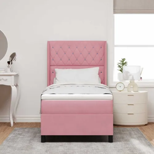 Box spring krevet s madracem Ružičasta 100 x 200 cm Baršun - Ružičasta 100 x 200 cm Kristal s dugmadima Cijena
