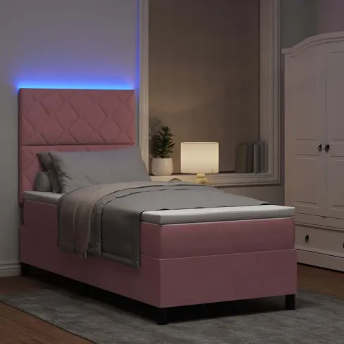 LED Box Spring Krevet s uzglavljem Ružičasta 90 x 200 cm Baršun - Ružičasta 90 x 200 cm Dizajn s rombovima Cijena