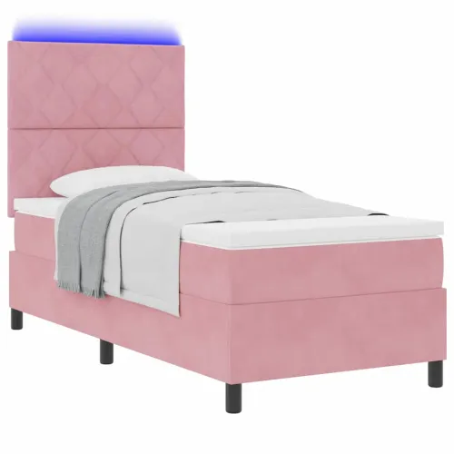 LED Box Spring Krevet s uzglavljem Ružičasta 90 x 200 cm Baršun - Ružičasta 90 x 200 cm Dizajn s rombovima Cijena