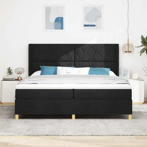 Box spring krevet s LED trakama Crna 200 x 200 cm tkanina - Crna 200 x 200 cm Dizajn s rombovima Cijena