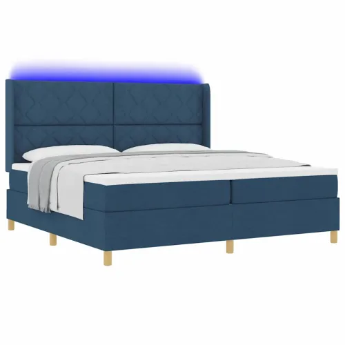 Box spring krevet s LED trakama Plava 200 x 200 cm tkanina - Plava 200 x 200 cm Dizajn s rombovima Cijena