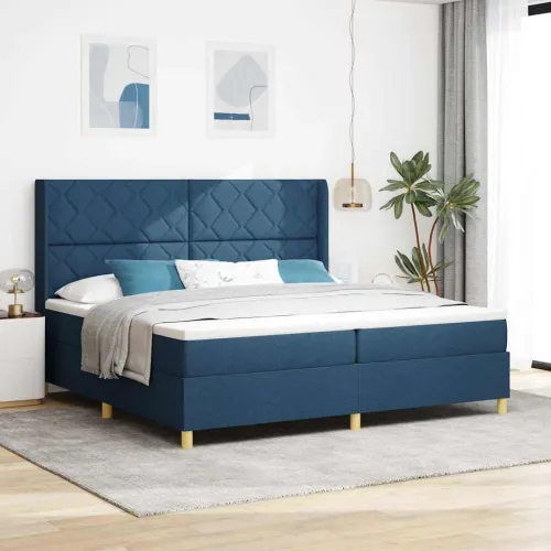 Box spring krevet s LED trakama Plava 200 x 200 cm tkanina - Plava 200 x 200 cm Dizajn s rombovima Cijena