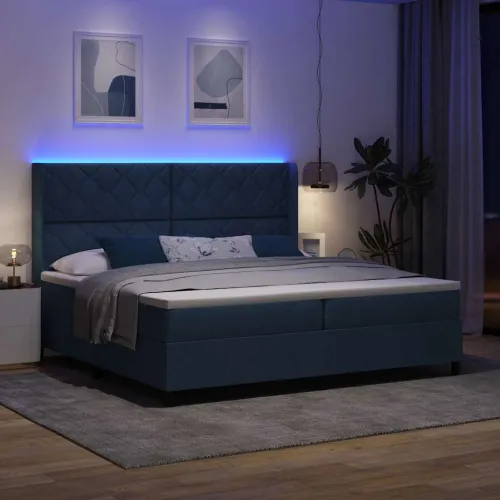 LED Box Spring Krevet s uzglavljem Plava 200 x 200 cm tkanina - Plava 200 x 200 cm Dizajn s rombovima Cijena