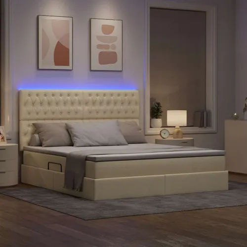 LED krevet za pohranu s madracem Krema 180 x 200 cm Tkanina - Krem 180 x 200 cm Dizajn s jastučićima Cijena