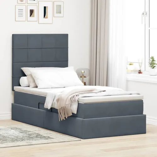 Krevet s madracem i skladištem Tamno siva 90 x 200 cm Baršun - Tamno siva 90 x 200 cm Blok sa kvadratićima Cijena