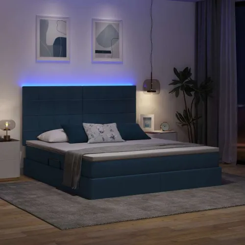 LED krevet za pohranu s madracem Plava 160 x 200 cm Tkanina - Plava 160 x 200 cm Blok sa kvadratićima Cijena
