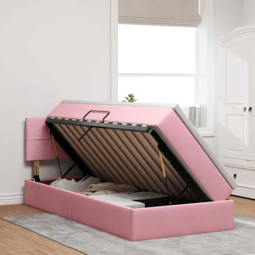 Krevet s od storage s uzglavljem Ružičasta 100 x 200 cm Baršun - Ružičasta 100 x 200 cm Blok sa kvadratićima Cijena