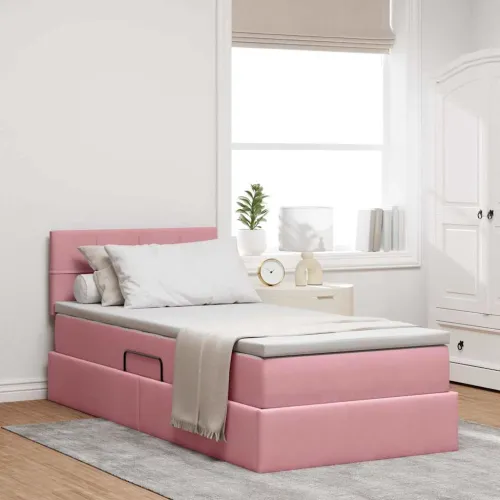 Krevet s od storage s uzglavljem Ružičasta 100 x 200 cm Baršun - Ružičasta 100 x 200 cm Blok sa kvadratićima Cijena