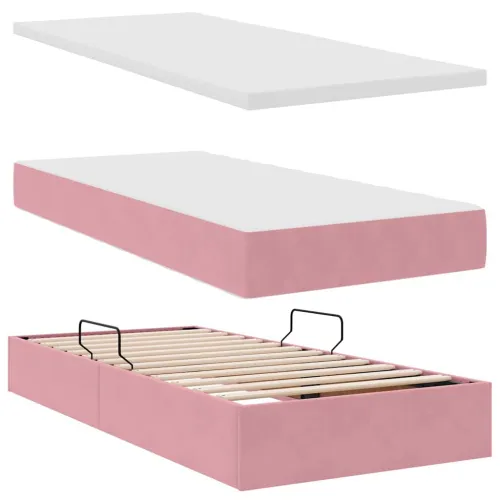 Krevet s od storage s uzglavljem Ružičasta 100 x 200 cm Baršun - Ružičasta 100 x 200 cm Blok sa kvadratićima Cijena