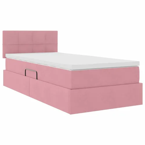 Krevet s od storage s uzglavljem Ružičasta 100 x 200 cm Baršun - Ružičasta 100 x 200 cm Blok sa kvadratićima Cijena