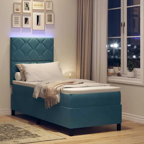 LED Box Spring Krevet Tamno plava 80 x 200 cm Baršun - Tamno plava 80 x 200 cm Dizajn s rombovima Cijena