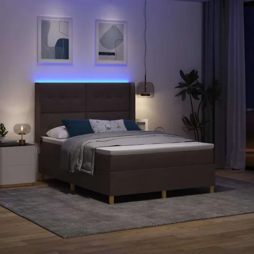 Box spring krevet s LED trakama Smeđa 160 x 200 cm tkanina - Tamno smeđa 160 x 200 cm Prošiveno gumbima Cijena
