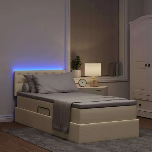 LED krevet za pohranu s madracem Krema 100 x 200 cm Tkanina - Krem 100 x 200 cm Gumbi Cijena