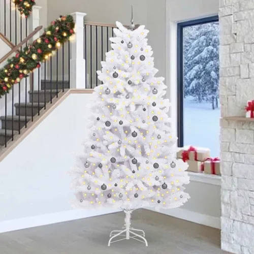 Umjetno božićno drvce 270 cm PVC i čelik Bijela - Bijela Ø 128 x 270 cm s 300 LED dioda i bijelim/sivim lopticama Cijena