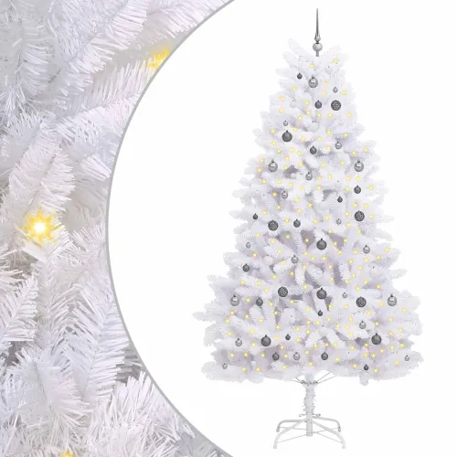 Umjetno božićno drvce 270 cm PVC i čelik Bijela - Bijela Ø 128 x 270 cm s 300 LED dioda i bijelim/sivim lopticama Cijena