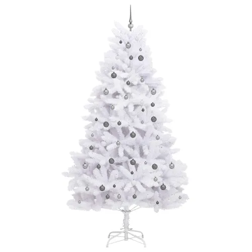 Umjetno božićno drvce 270 cm PVC i čelik Bijela - Bijela Ø 128 x 270 cm s 300 LED dioda i bijelim/sivim lopticama Cijena