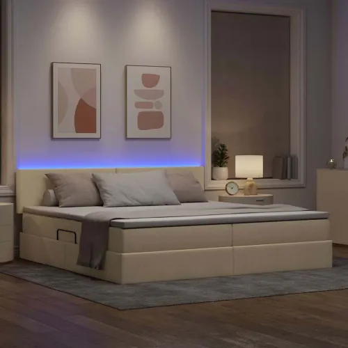 LED krevet za pohranu s madracem Krema 200 x 200 cm Tkanina - Krem 200 x 200 cm Gladak dizajn Cijena