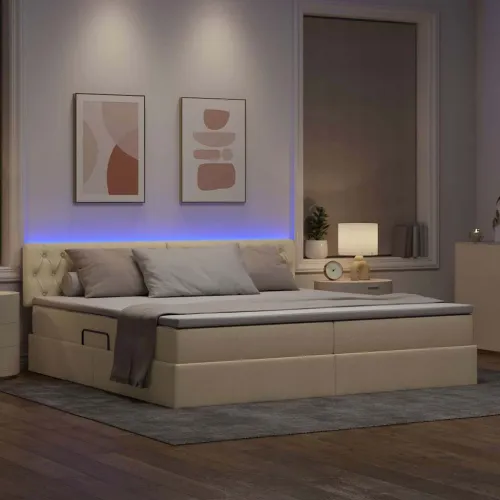 LED krevet za pohranu s madracem Krema 200 x 200 cm Tkanina - Krem 200 x 200 cm Dizajn s jastučićima Cijena