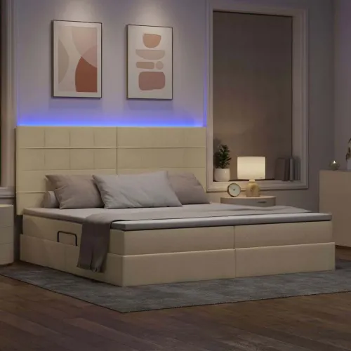 LED krevet za pohranu s madracem Krema 200 x 200 cm Tkanina - Krem 200 x 200 cm Blok sa kvadratićima Cijena