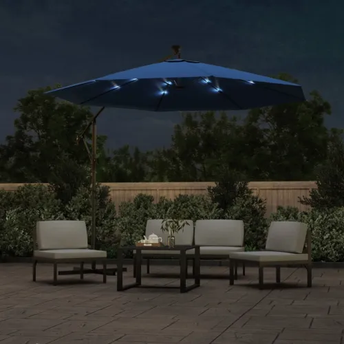 Konzolni vrtni suncobran LED s čeličnim stupom 300 cm azurni - Azurno plava 300 cm Cijena