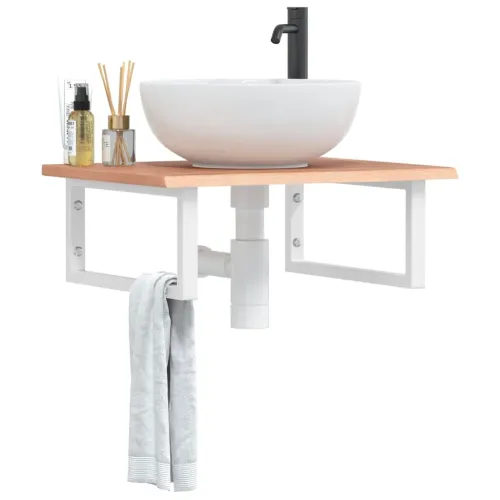Zidna polica za Lavabo - Umivaonik od čelika i masivne hrastovine - svijetlo smeđa i bijela 60 x 50 x 2 cm Pravokutno Cijena