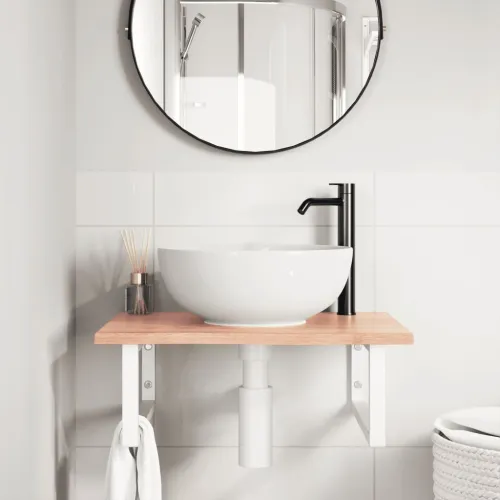Zidna polica za Lavabo - Umivaonik od čelika i masivne hrastovine - svijetlo smeđa i bijela 60 x 50 x 2 cm Pravokutno Cijena