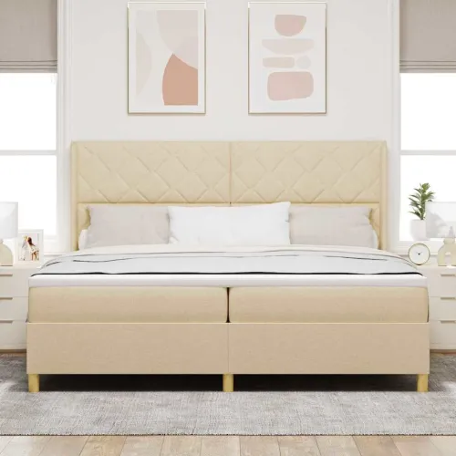 Box spring krevet s LED trakama Krema 200 x 200 cm tkanina - Krema 200 x 200 cm Dizajn s rombovima Cijena