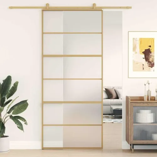 Klizna vrata zlatna 90 x 205 cm matirano staklo ESG i aluminij - Zlatna i mat 90 x 205 cm 5 vodoravnih šipki Cijena