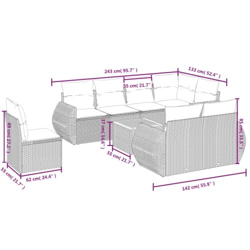 Vrtni set od 9 dijelova s jastucima, sivi poliratan - Siva corner + 3x middle + table + 4x sofa 1 Siva Cijena