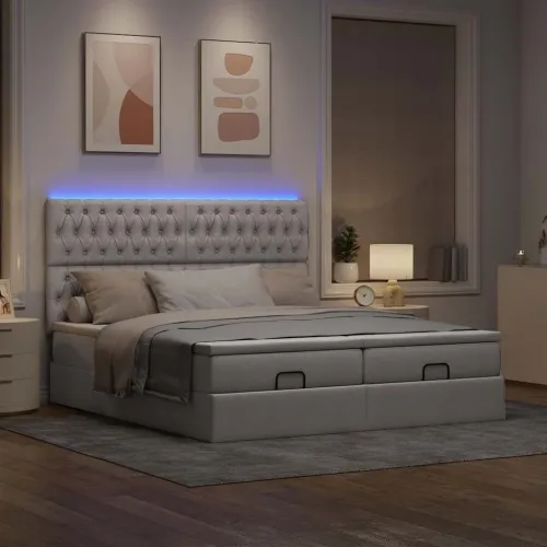 Ottoman krevet s madracima i LED diodama boje taupe 160x200 cm, tkanina - Sivo-smeđa 160 x 200 cm Dizajn s gumbima Cijena