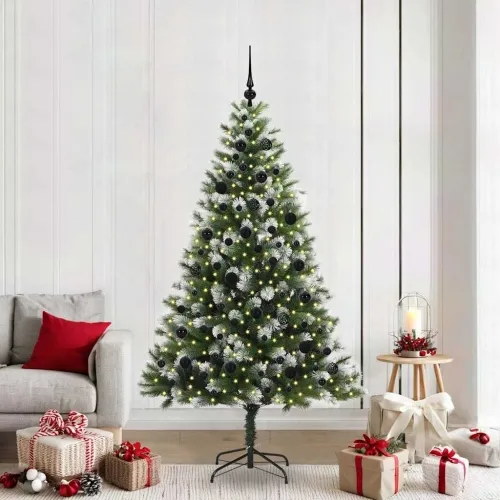 Umjetno Božićno drvce s pokrivačem snijega 300 LED lampica - 210 cm s LED-ima i crnim kuglicama Cijena